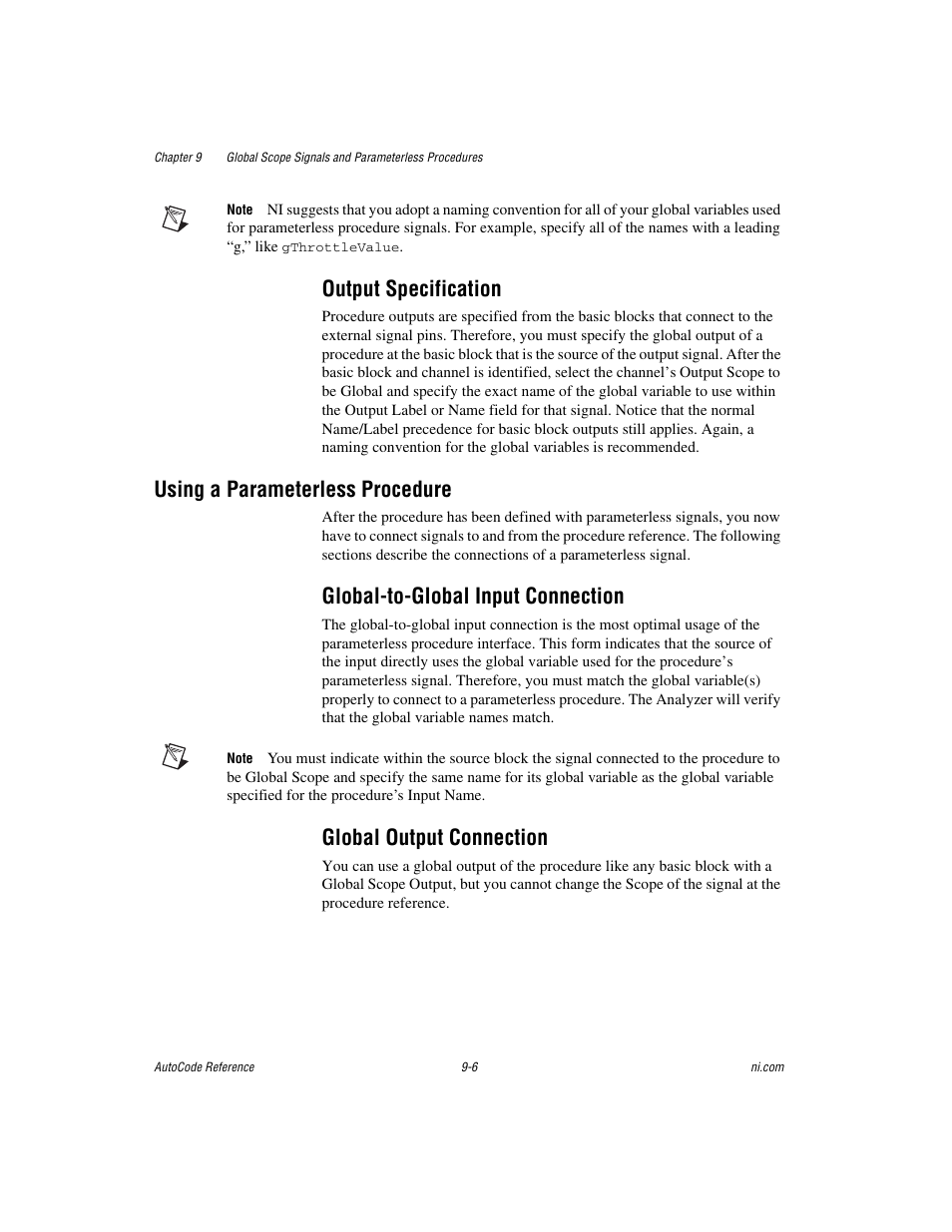 Output specification, Using a parameterless procedure, Global-to-global input connection | Global output connection, Output specification -6, Using a parameterless procedure -6 | National Instruments AutoCode NI MATRIX User Manual | Page 233 / 250