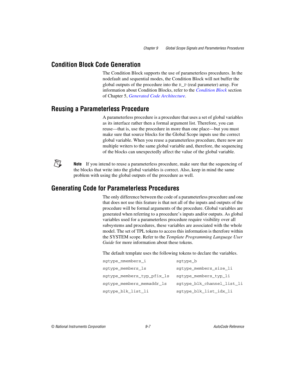 Condition block code generation, Reusing a parameterless procedure, Generating code for parameterless procedures | National Instruments AutoCode NI MATRIX User Manual | Page 234 / 250