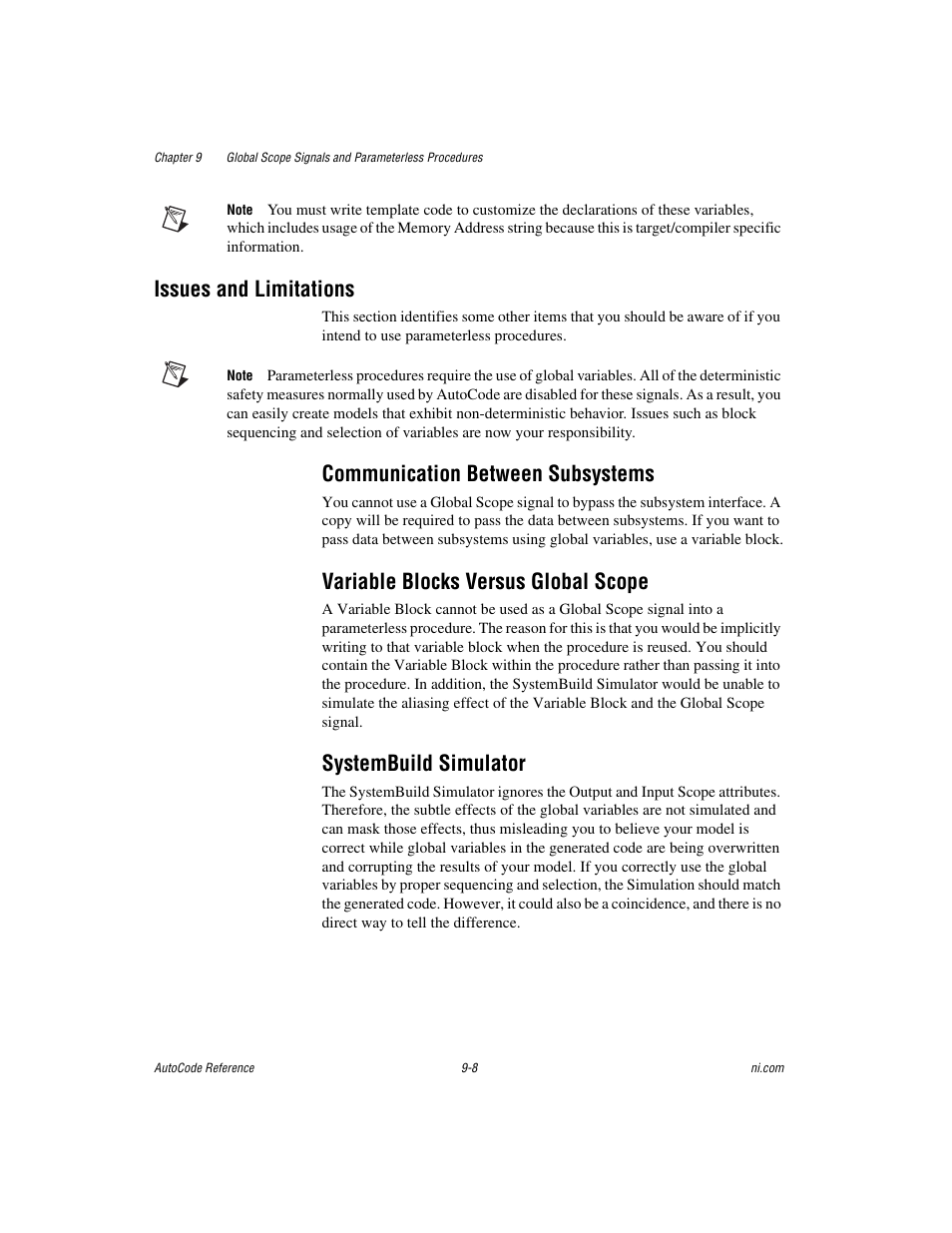 Issues and limitations, Communication between subsystems, Variable blocks versus global scope | Systembuild simulator, Issues and limitations -8 | National Instruments AutoCode NI MATRIX User Manual | Page 235 / 250