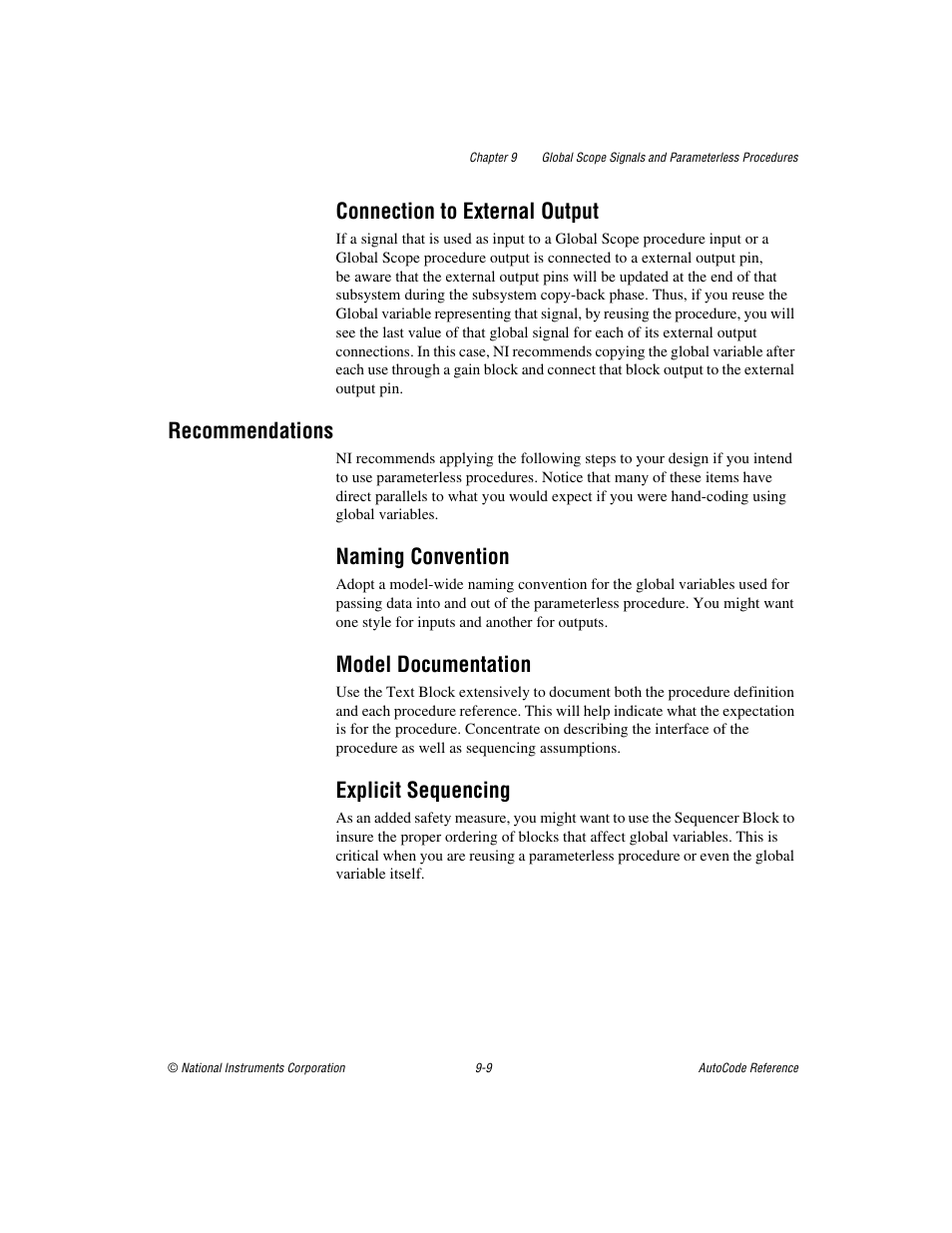 Connection to external output, Recommendations, Naming convention | Model documentation, Explicit sequencing, Connection to external output -9, Recommendations -9 | National Instruments AutoCode NI MATRIX User Manual | Page 236 / 250