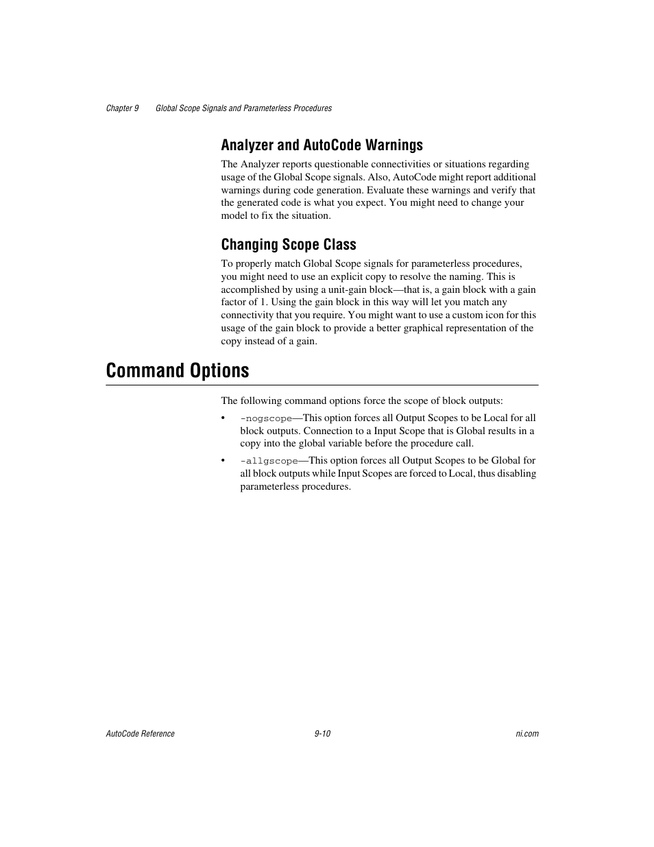Analyzer and autocode warnings, Changing scope class, Command options | Command options -10 | National Instruments AutoCode NI MATRIX User Manual | Page 237 / 250