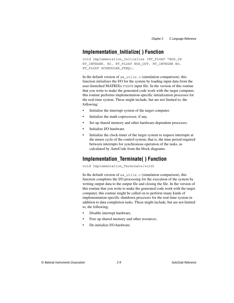 Implementation_initialize( ) function, Implementation_terminate( ) function | National Instruments AutoCode NI MATRIX User Manual | Page 26 / 250