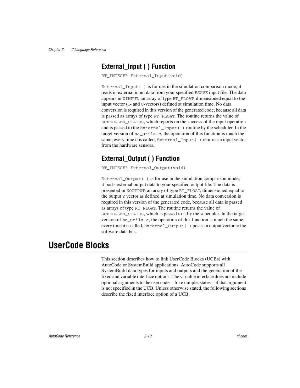 External_input ( ) function, External_output ( ) function, Usercode blocks | Usercode blocks -10 | National Instruments AutoCode NI MATRIX User Manual | Page 27 / 250