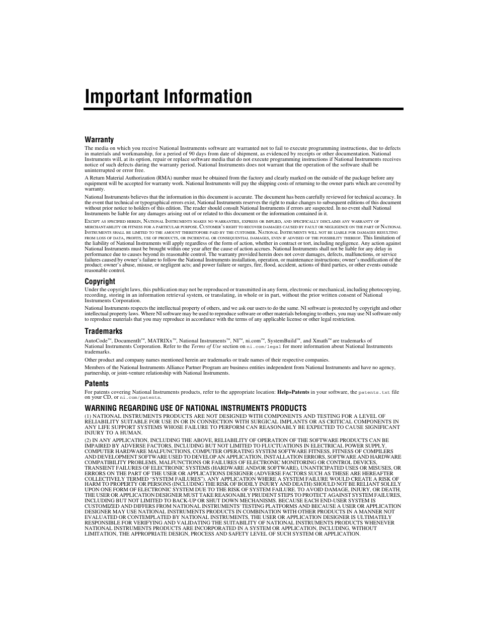 Important information, Warranty, Copyright | Trademarks, Patents | National Instruments AutoCode NI MATRIX User Manual | Page 3 / 250