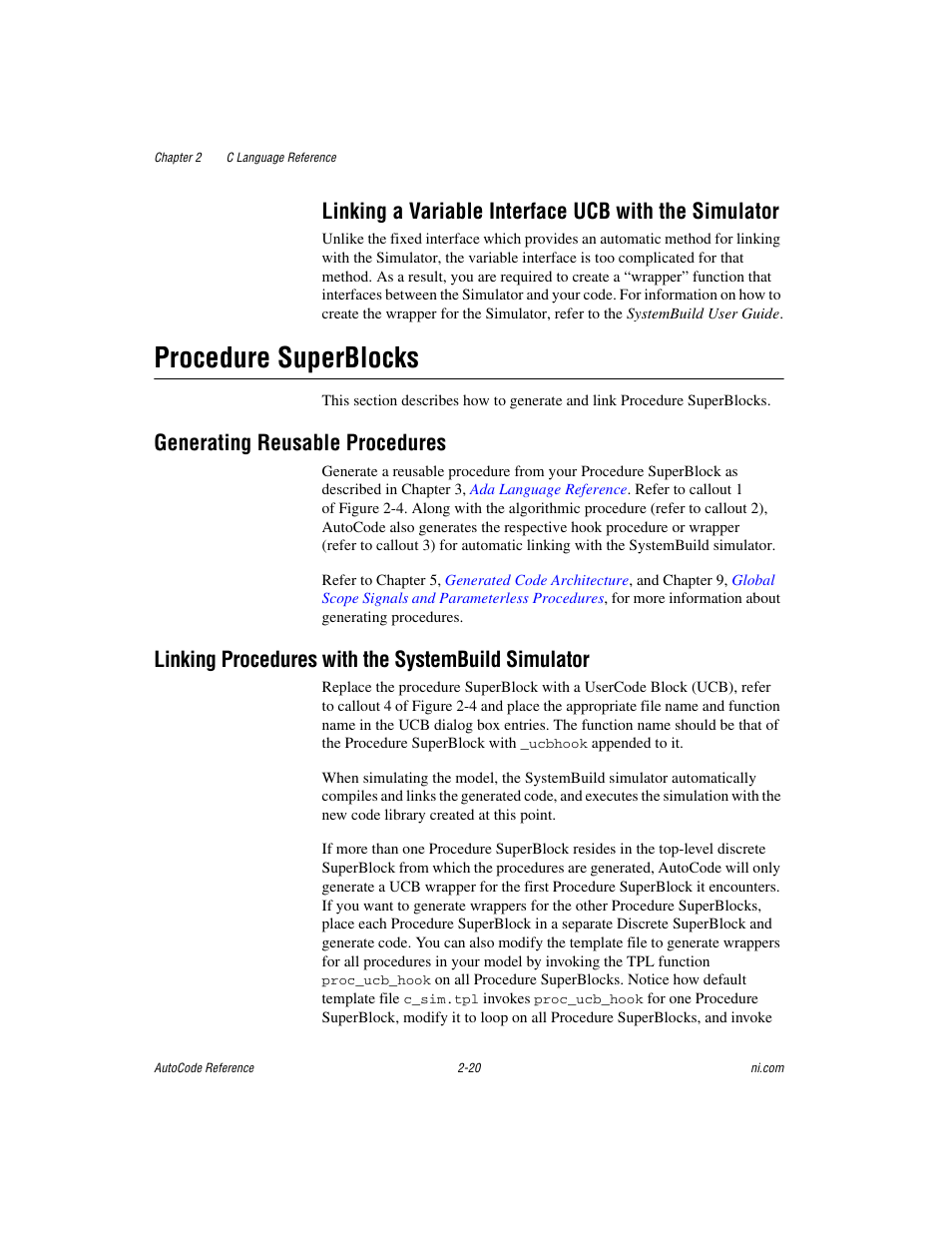 Procedure superblocks, Generating reusable procedures, Linking procedures with the systembuild simulator | Procedure superblocks -20 | National Instruments AutoCode NI MATRIX User Manual | Page 37 / 250