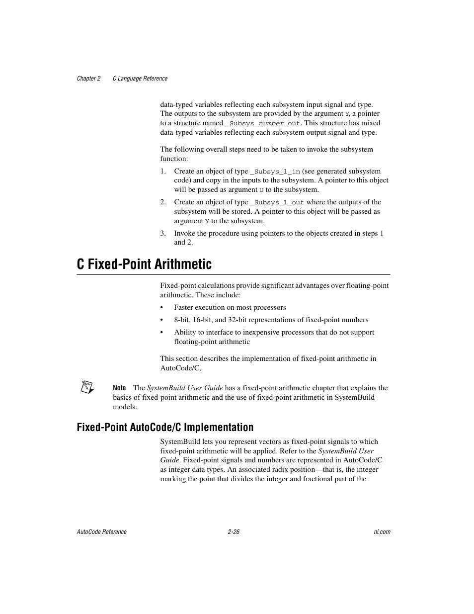 C fixed-point arithmetic, Fixed-point autocode/c implementation, C fixed-point arithmetic -26 | Fixed-point autocode/c implementation -26 | National Instruments AutoCode NI MATRIX User Manual | Page 43 / 250