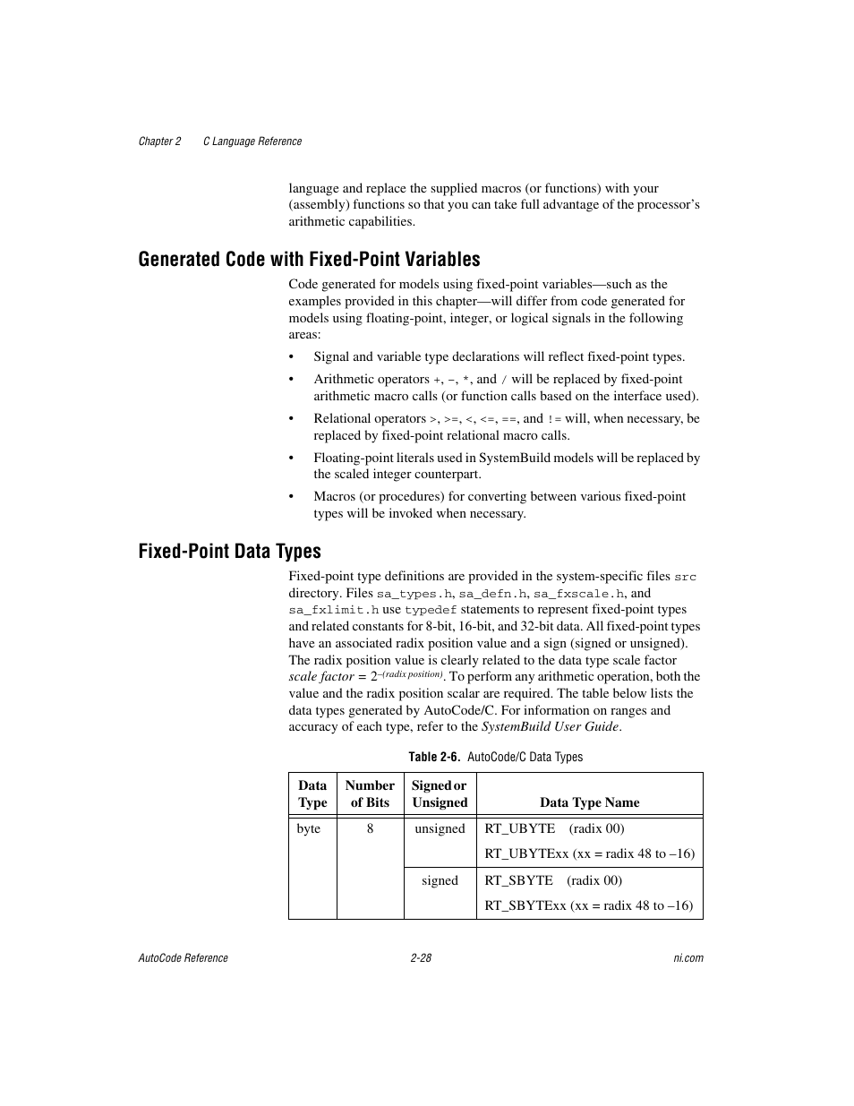 Generated code with fixed-point variables, Fixed-point data types, Table 2-6. autocode/c data types | National Instruments AutoCode NI MATRIX User Manual | Page 45 / 250