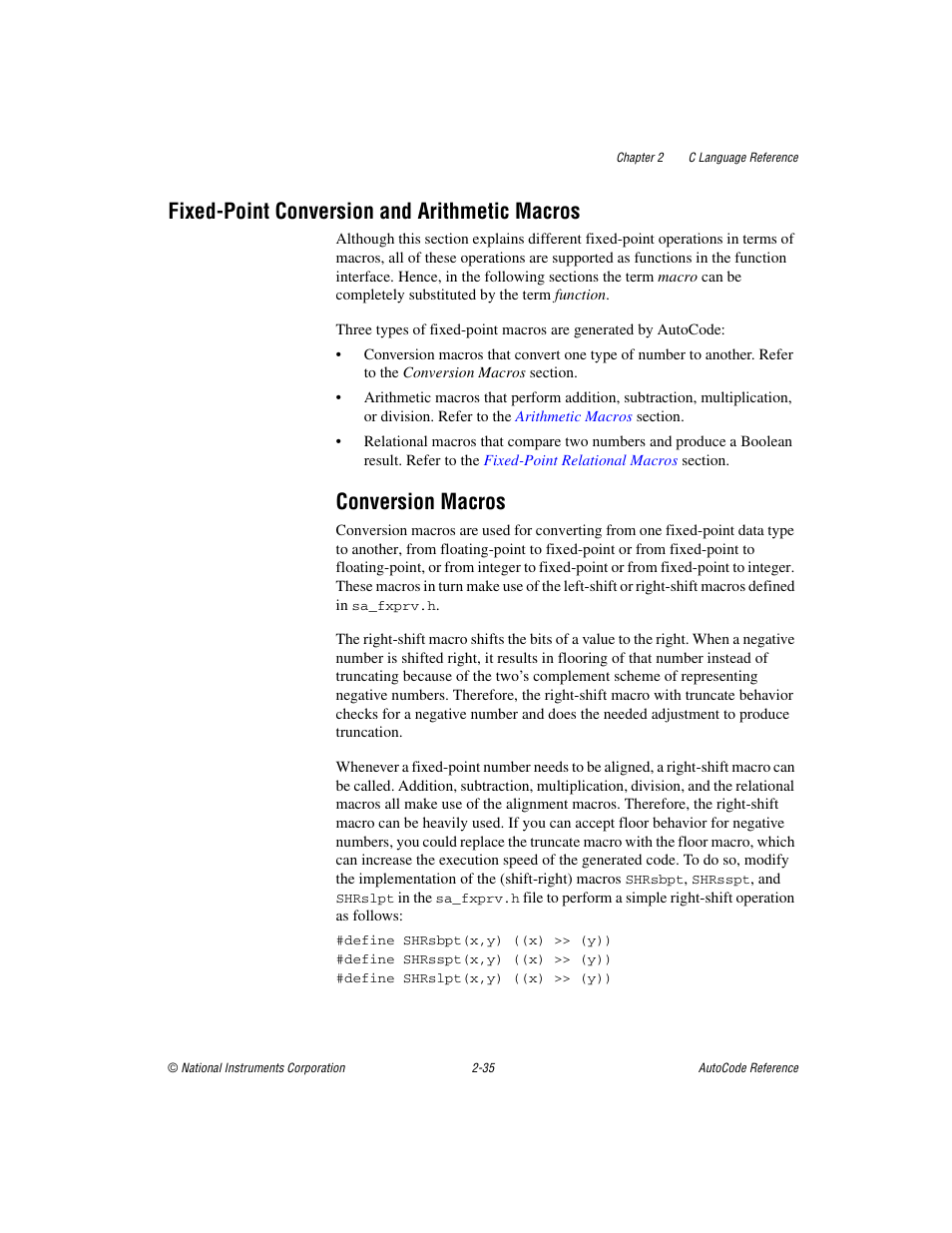 Fixed-point conversion and arithmetic macros, Conversion macros, Fixed-point conversion and arithmetic macros -35 | Conversion macros -35 | National Instruments AutoCode NI MATRIX User Manual | Page 52 / 250