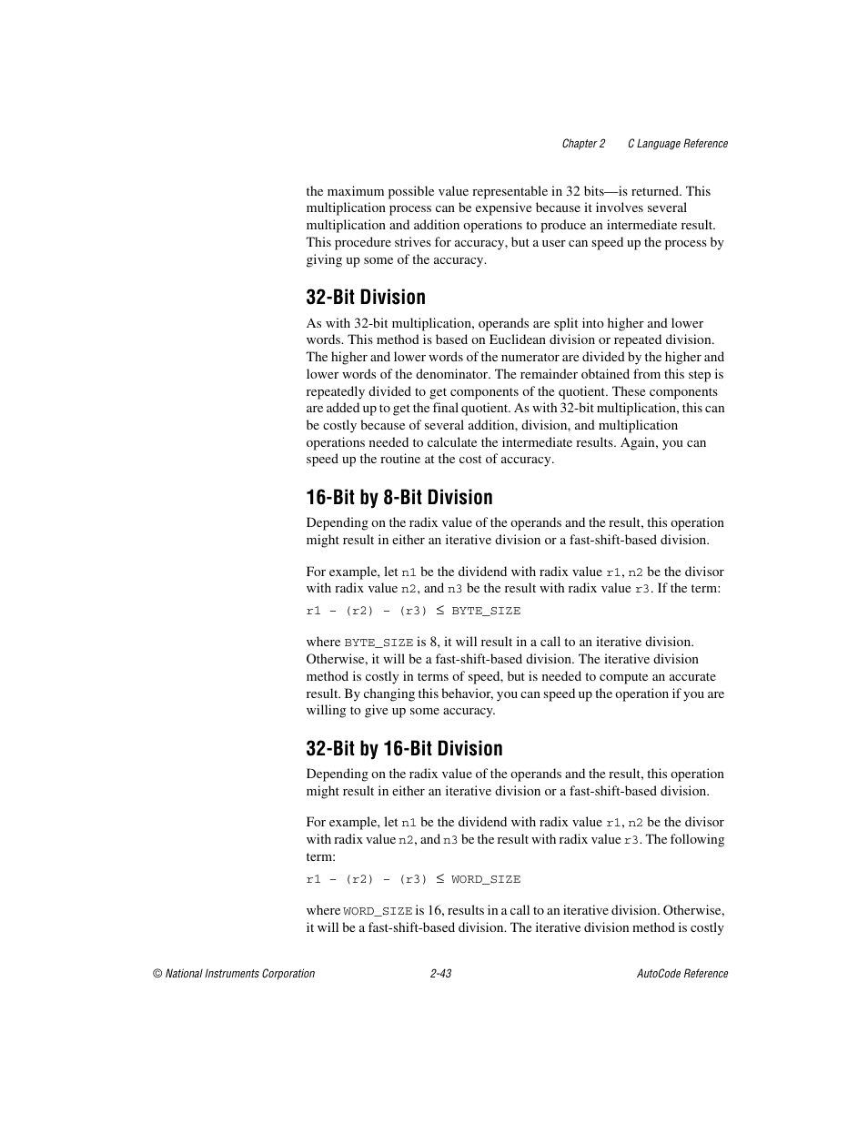 Bit division, Bit by 8-bit division, Bit by 16-bit division | National Instruments AutoCode NI MATRIX User Manual | Page 60 / 250