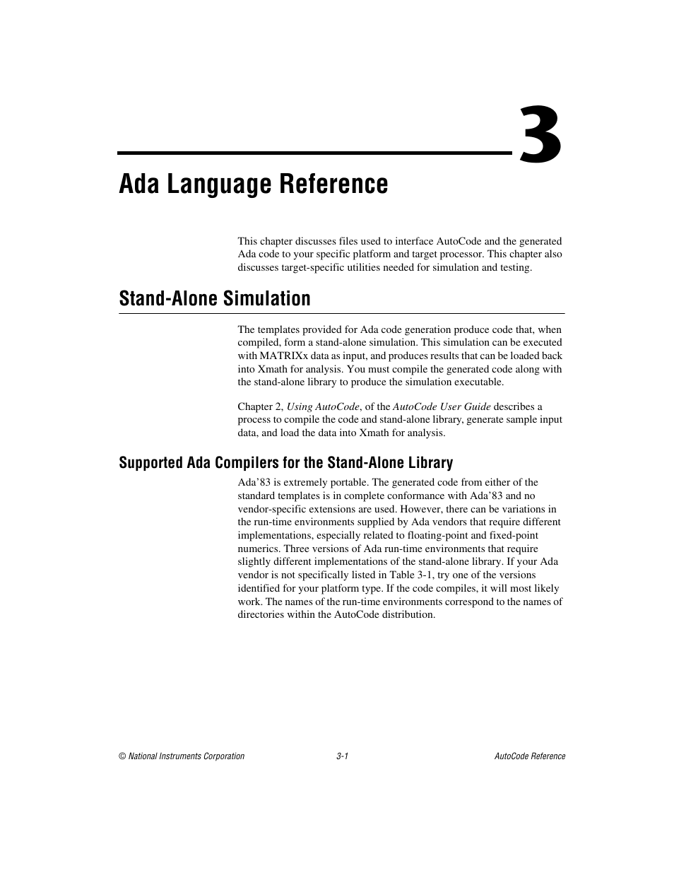 Chapter 3 ada language reference, Stand-alone simulation, Stand-alone simulation -1 | Er 3, Ada language reference | National Instruments AutoCode NI MATRIX User Manual | Page 63 / 250