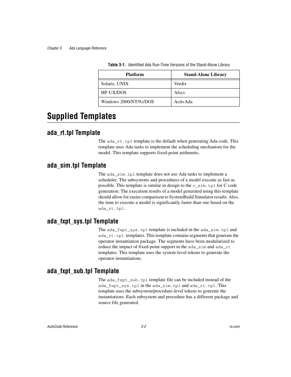 Supplied templates, Ada_rt.tpl template, Ada_sim.tpl template | Ada_fxpt_sys.tpl template, Ada_fxpt_sub.tpl template, Supplied templates -2 | National Instruments AutoCode NI MATRIX User Manual | Page 64 / 250