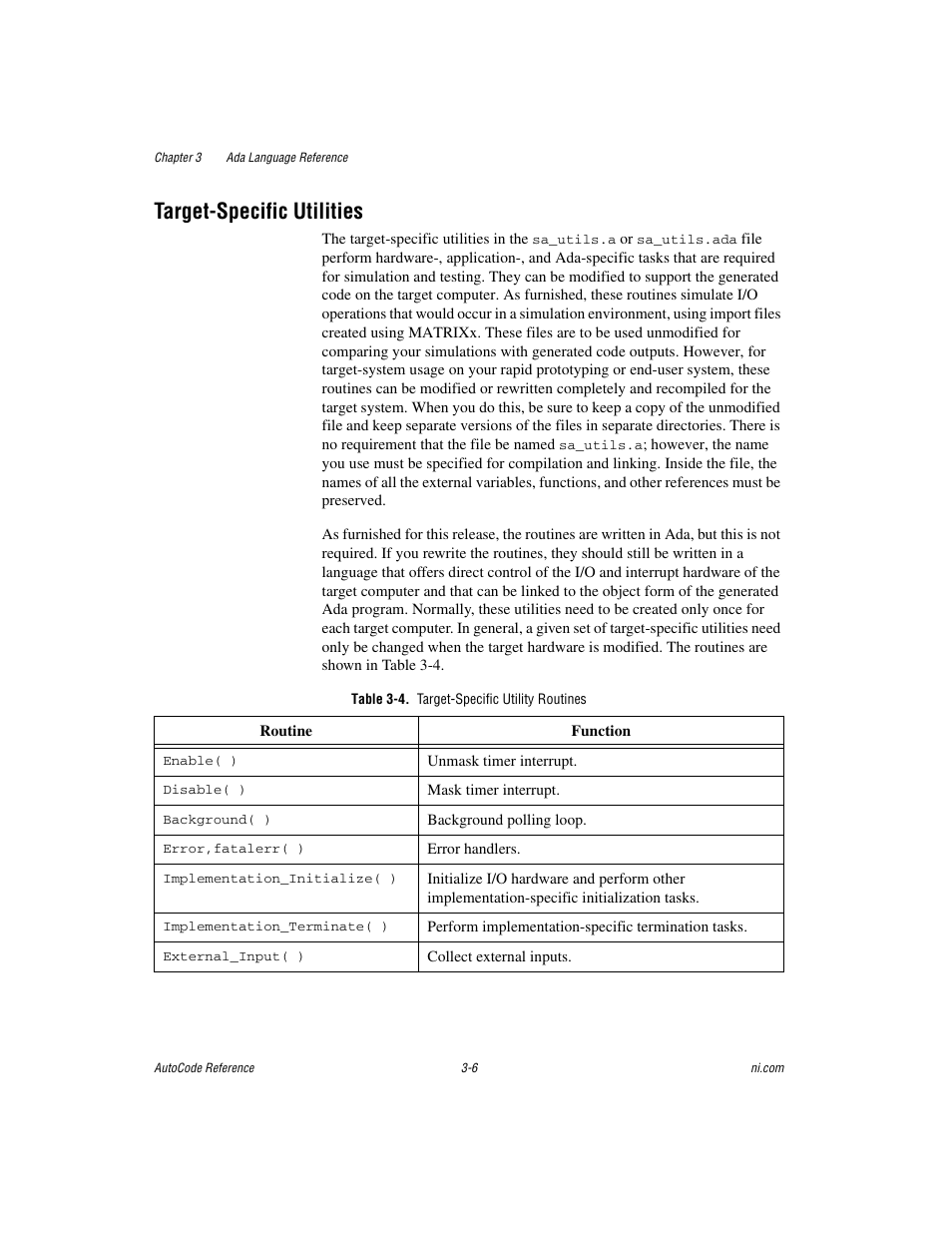 Target-specific utilities, Table 3-4. target-specific utility routines, Target-specific utilities -6 | National Instruments AutoCode NI MATRIX User Manual | Page 68 / 250