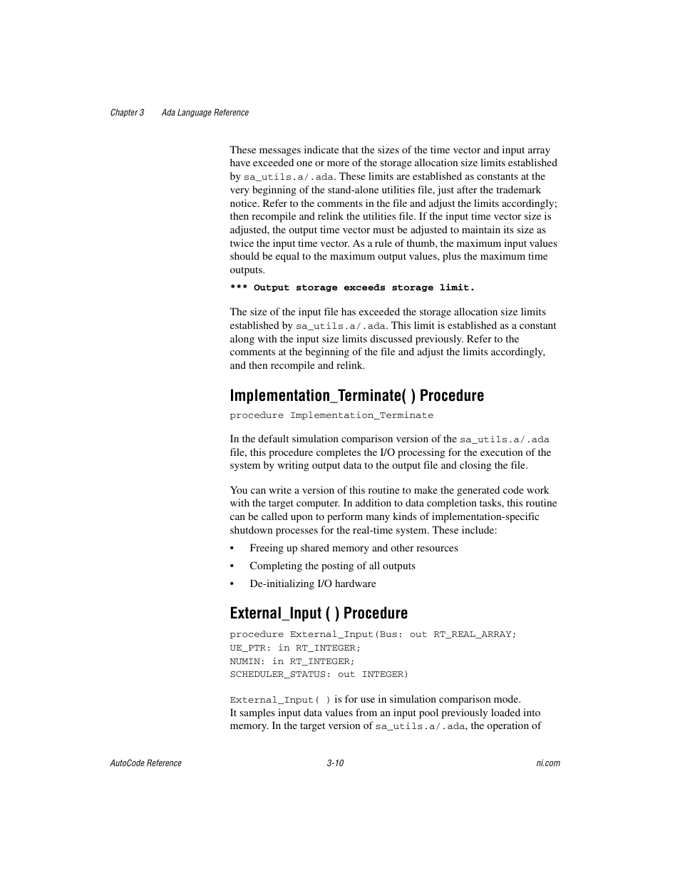 Implementation_terminate( ) procedure, External_input ( ) procedure, Implementation_terminate( ) procedure -10 | External_input ( ) procedure -10 | National Instruments AutoCode NI MATRIX User Manual | Page 72 / 250