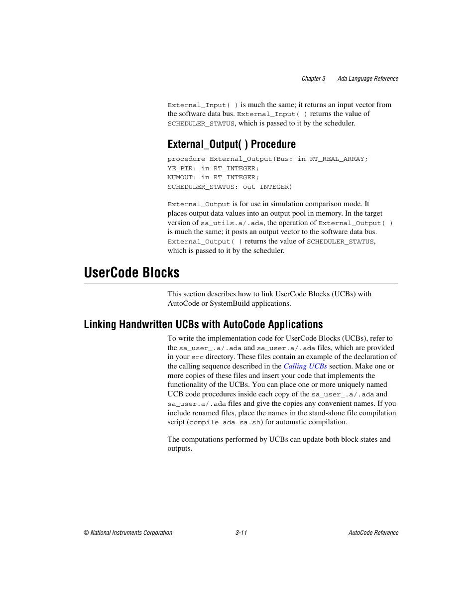 External_output( ) procedure, Usercode blocks, External_output( ) procedure -11 | Usercode blocks -11 | National Instruments AutoCode NI MATRIX User Manual | Page 73 / 250
