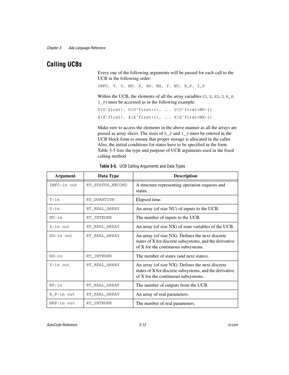 Calling ucbs, Table 3-5. ucb calling arguments and data types, Calling ucbs -12 | National Instruments AutoCode NI MATRIX User Manual | Page 74 / 250