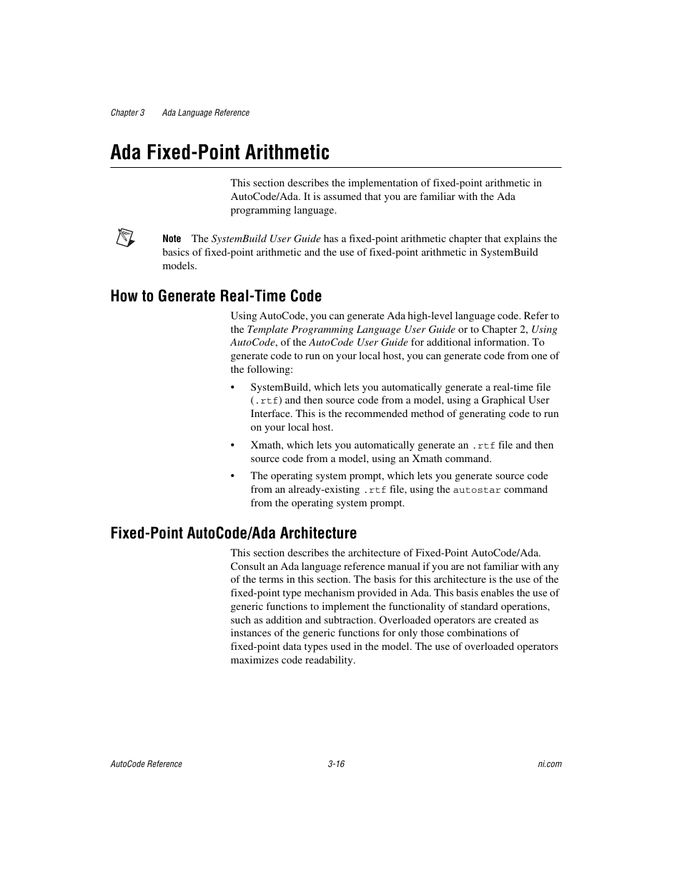 Ada fixed-point arithmetic, How to generate real-time code, Fixed-point autocode/ada architecture | Ada fixed-point arithmetic -16 | National Instruments AutoCode NI MATRIX User Manual | Page 78 / 250