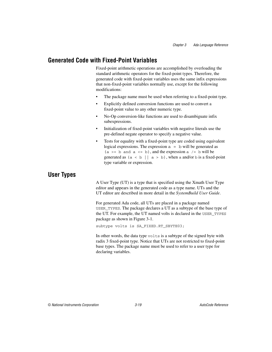 Generated code with fixed-point variables, User types | National Instruments AutoCode NI MATRIX User Manual | Page 81 / 250