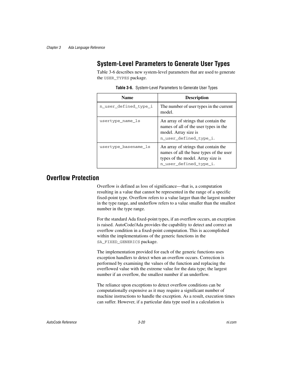 System-level parameters to generate user types, Overflow protection, System-level parameters to generate user types -20 | Overflow protection -20 | National Instruments AutoCode NI MATRIX User Manual | Page 82 / 250