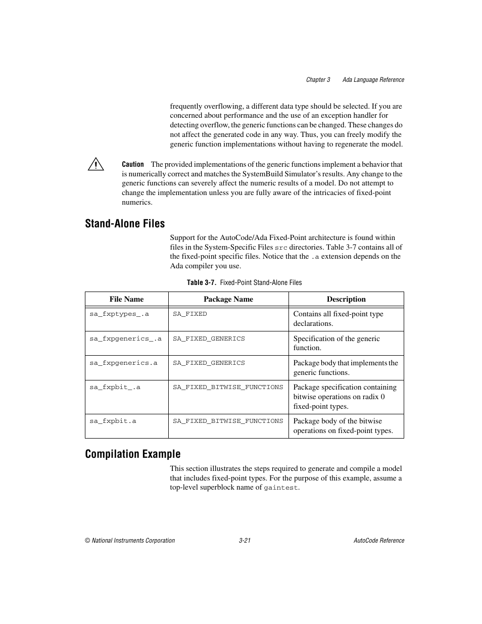 Stand-alone files, Table 3-7. fixed-point stand-alone files, Compilation example | Stand-alone files -21 compilation example -21 | National Instruments AutoCode NI MATRIX User Manual | Page 83 / 250