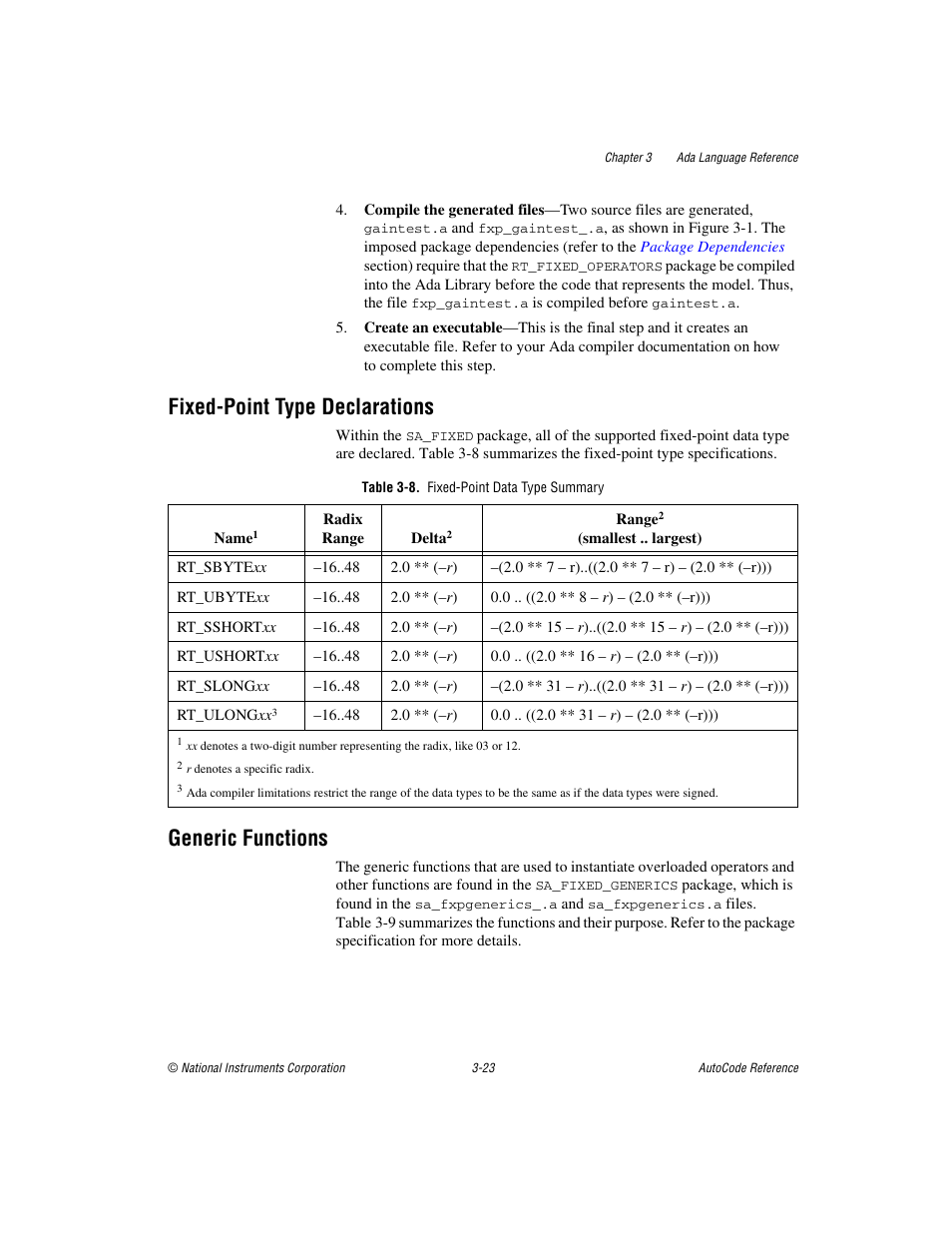 Fixed-point type declarations, Table 3-8. fixed-point data type summary, Generic functions | National Instruments AutoCode NI MATRIX User Manual | Page 85 / 250