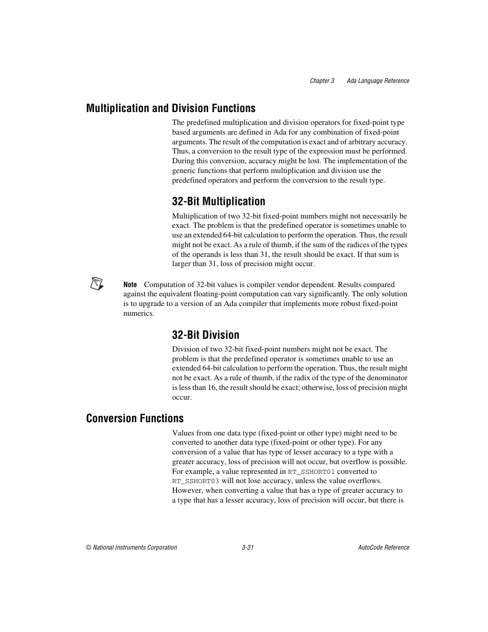Multiplication and division functions, Bit multiplication, Bit division | Conversion functions, Multiplication and division functions -31, Bit multiplication -31 32-bit division -31, Conversion functions -31 | National Instruments AutoCode NI MATRIX User Manual | Page 93 / 250