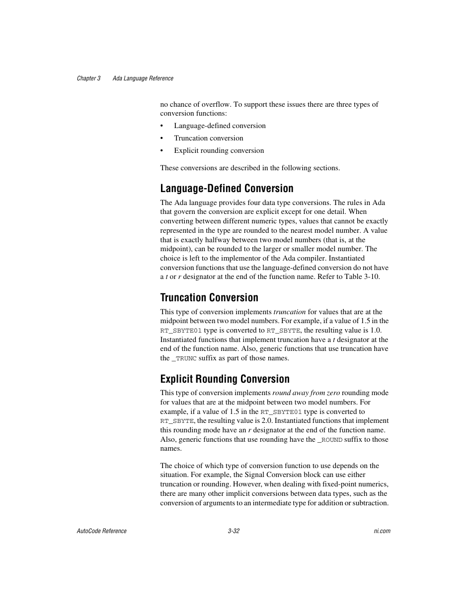 Language-defined conversion, Truncation conversion, Explicit rounding conversion | National Instruments AutoCode NI MATRIX User Manual | Page 94 / 250