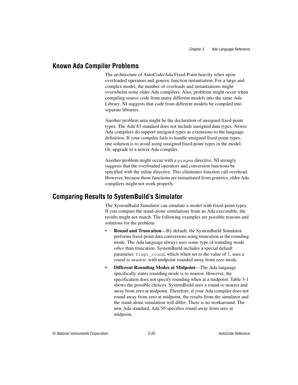 Known ada compiler problems, Comparing results to systembuild’s simulator | National Instruments AutoCode NI MATRIX User Manual | Page 97 / 250