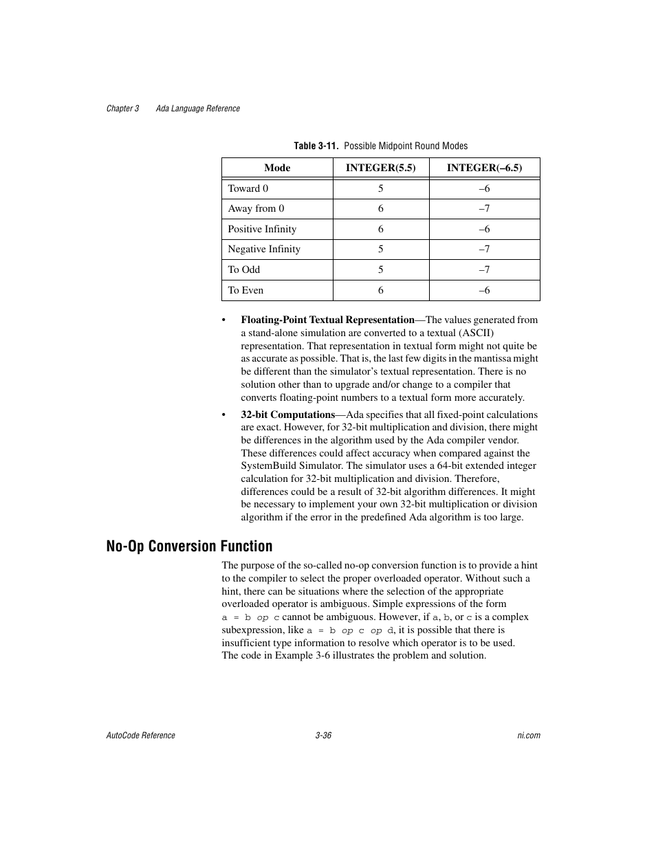 Table 3-11. possible midpoint round modes, No-op conversion function, No-op conversion function -36 | National Instruments AutoCode NI MATRIX User Manual | Page 98 / 250