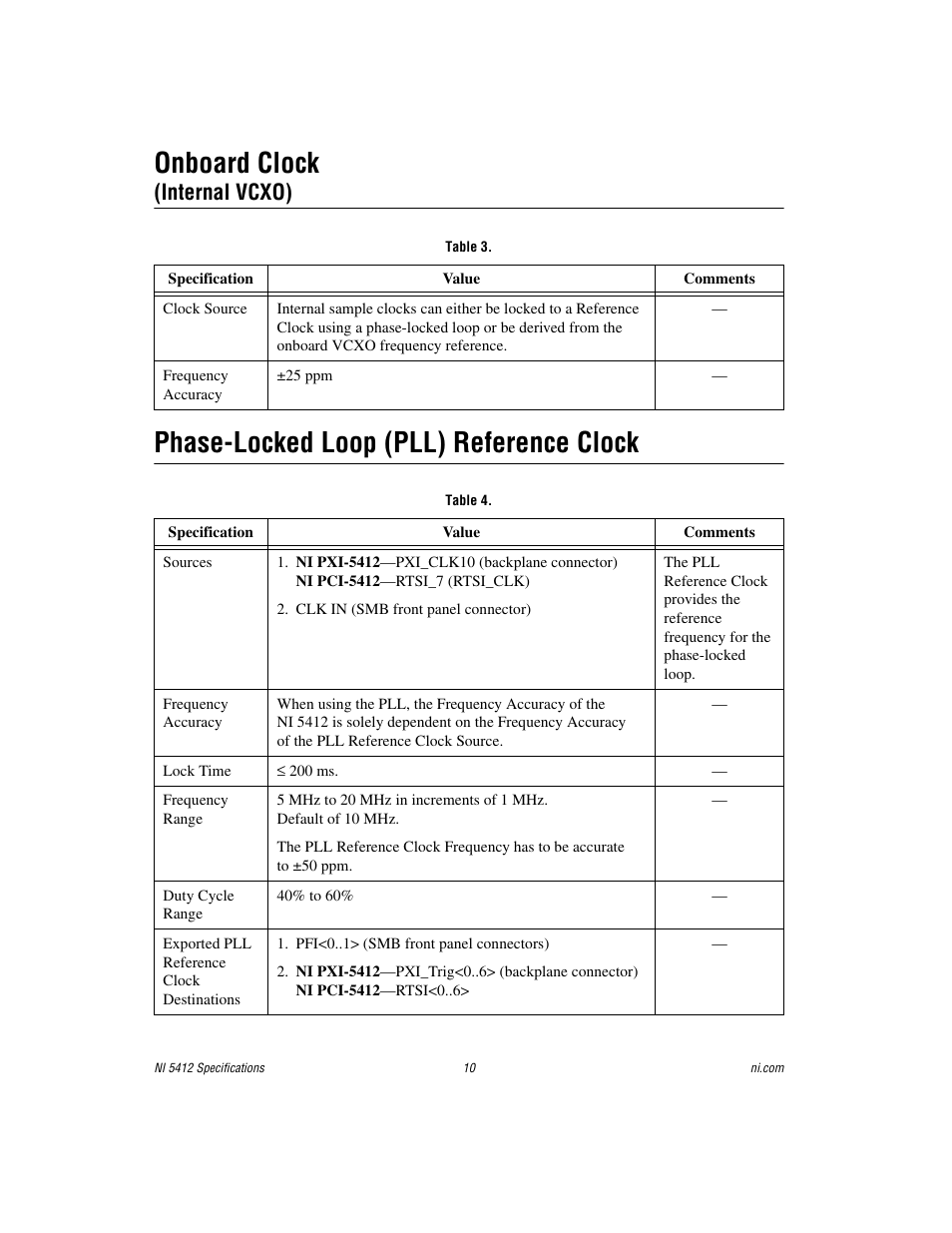 Onboard clock, Table 3, Phase-locked loop (pll) reference clock | Table 4, Internal vcxo) | National Instruments NI 5412 User Manual | Page 10 / 26