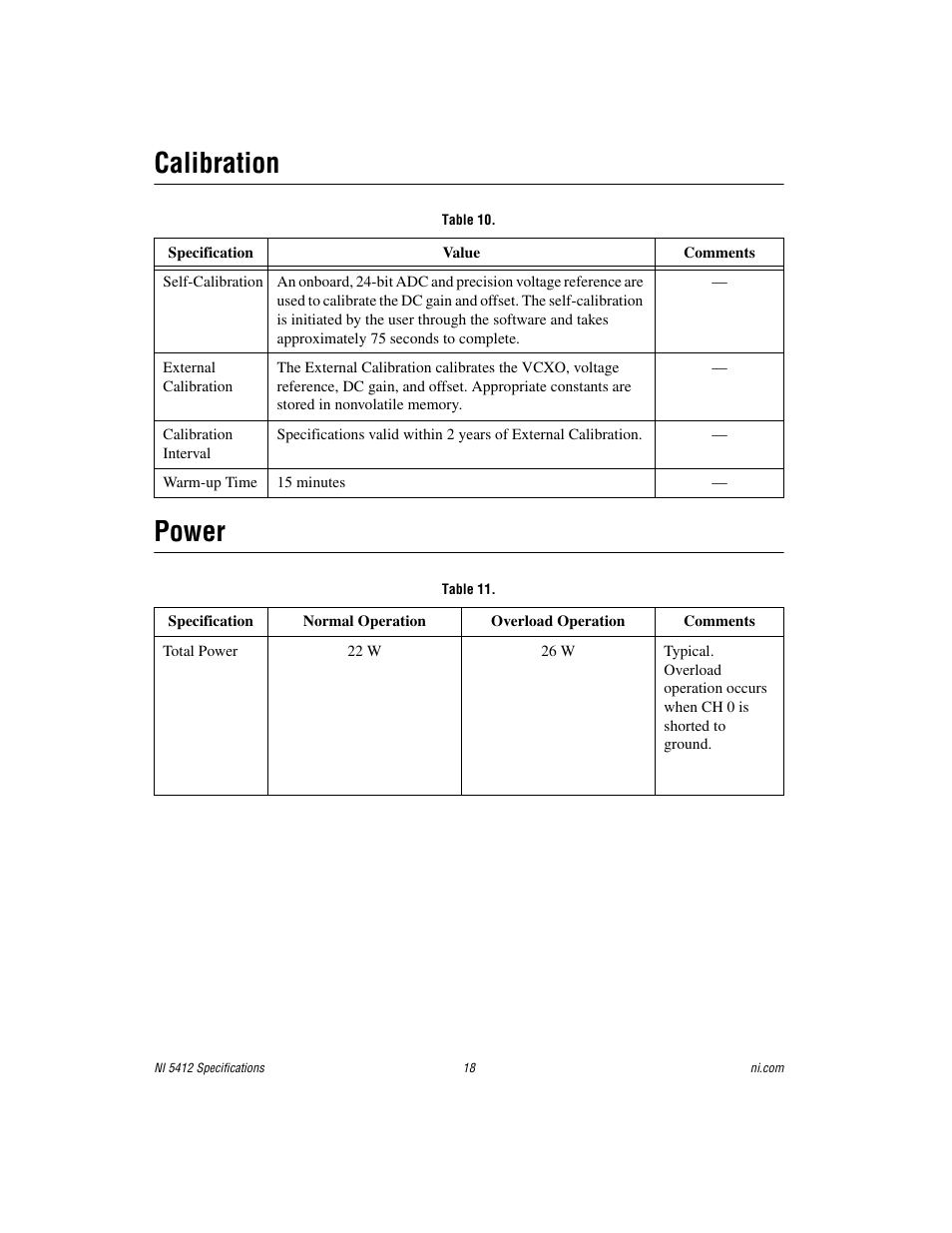 Calibration, Table 10, Power | Table 11, Calibration power | National Instruments NI 5412 User Manual | Page 18 / 26