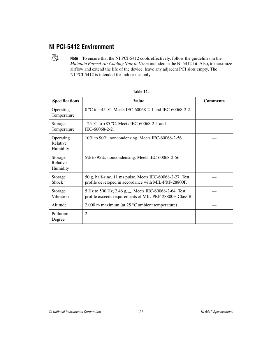 Ni pci-5412 environment, Table 14 | National Instruments NI 5412 User Manual | Page 21 / 26