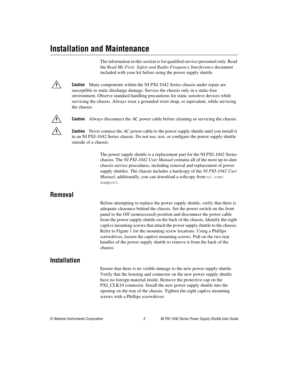 Installation and maintenance, Removal, Installation | National Instruments NI PXI-1042 Series User Manual | Page 3 / 8