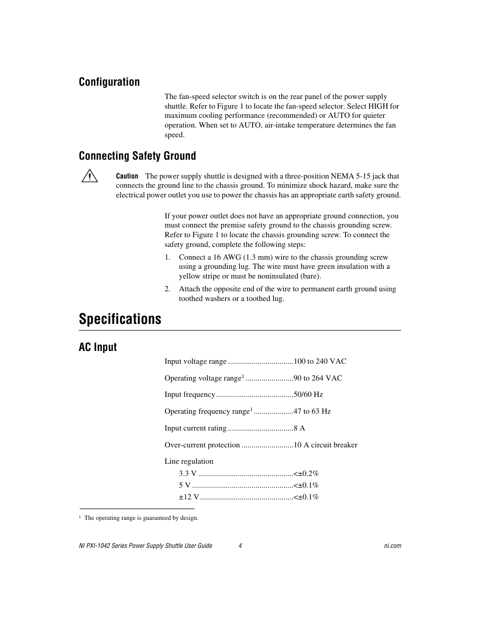 Configuration, Connecting safety ground, Specifications | Ac input | National Instruments NI PXI-1042 Series User Manual | Page 4 / 8