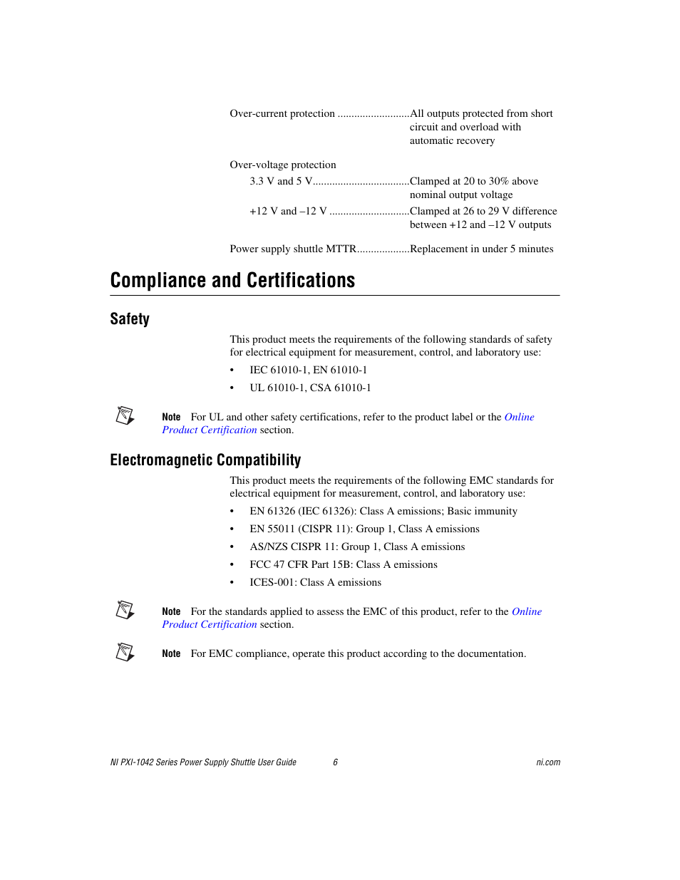 Compliance and certifications, Safety, Electromagnetic compatibility | National Instruments NI PXI-1042 Series User Manual | Page 6 / 8