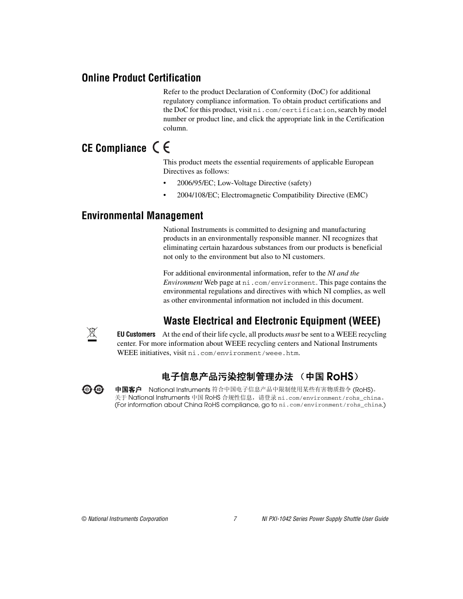 Online product certification, Ce compliance, Environmental management | Online, Product certification, Rohs, Waste electrical and electronic equipment (weee), ᄤֵᙃѻક∵ᶧ᥻ࠊㅵ⧚ࡲ⊩ ˄ё | National Instruments NI PXI-1042 Series User Manual | Page 7 / 8