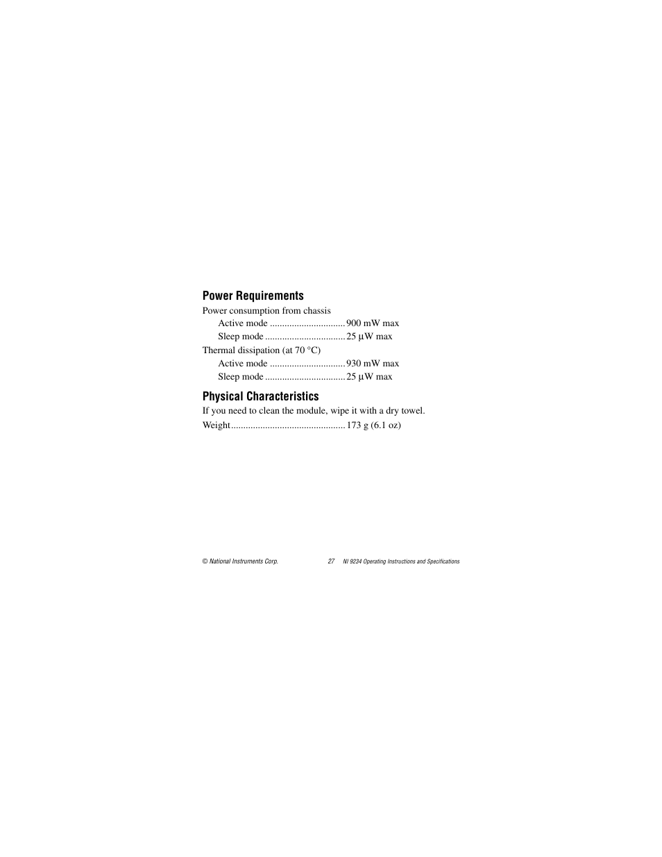 Power requirements, Physical characteristics | National Instruments NI 9234 User Manual | Page 27 / 36