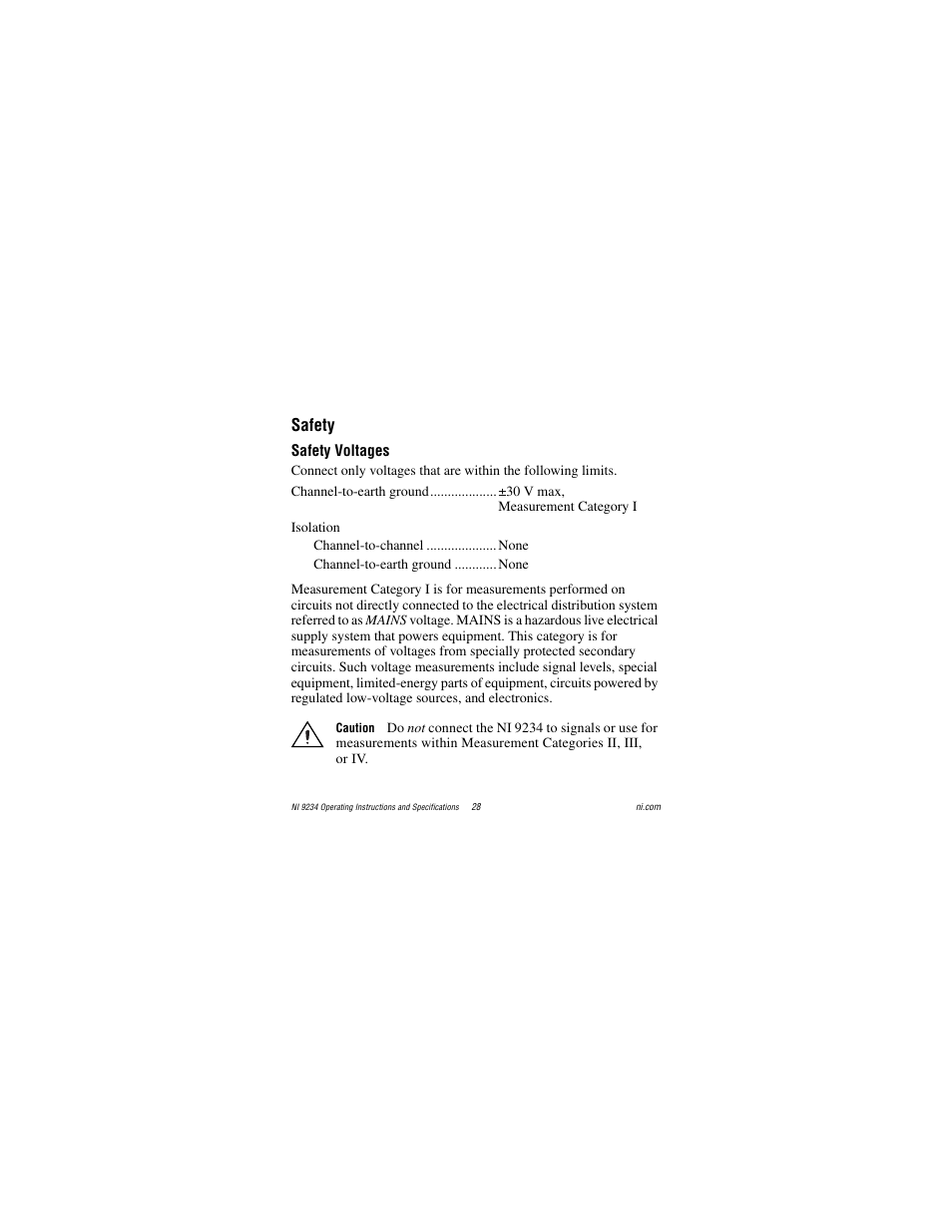 Safety, Safety voltages | National Instruments NI 9234 User Manual | Page 28 / 36