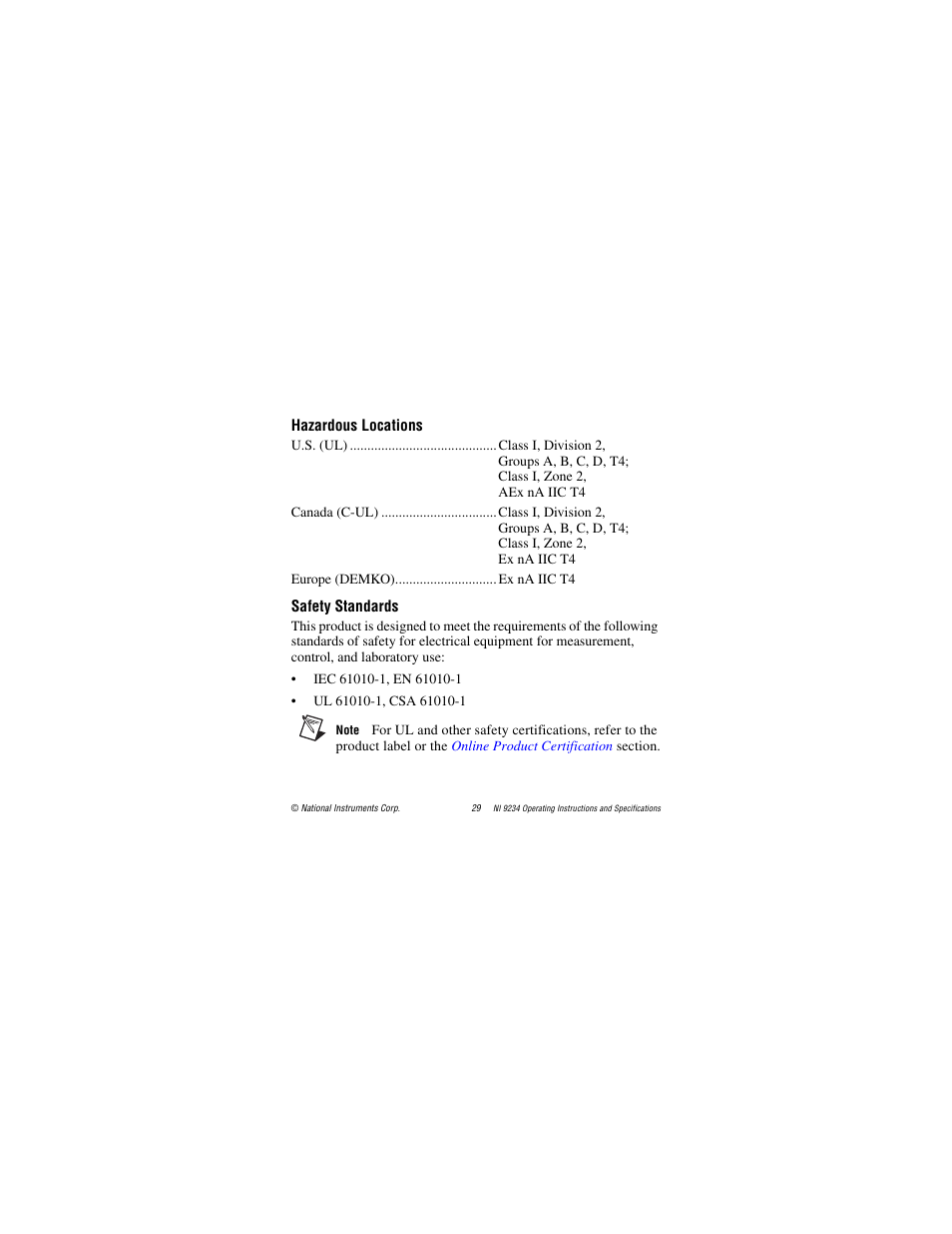 Hazardous locations, Safety standards | National Instruments NI 9234 User Manual | Page 29 / 36