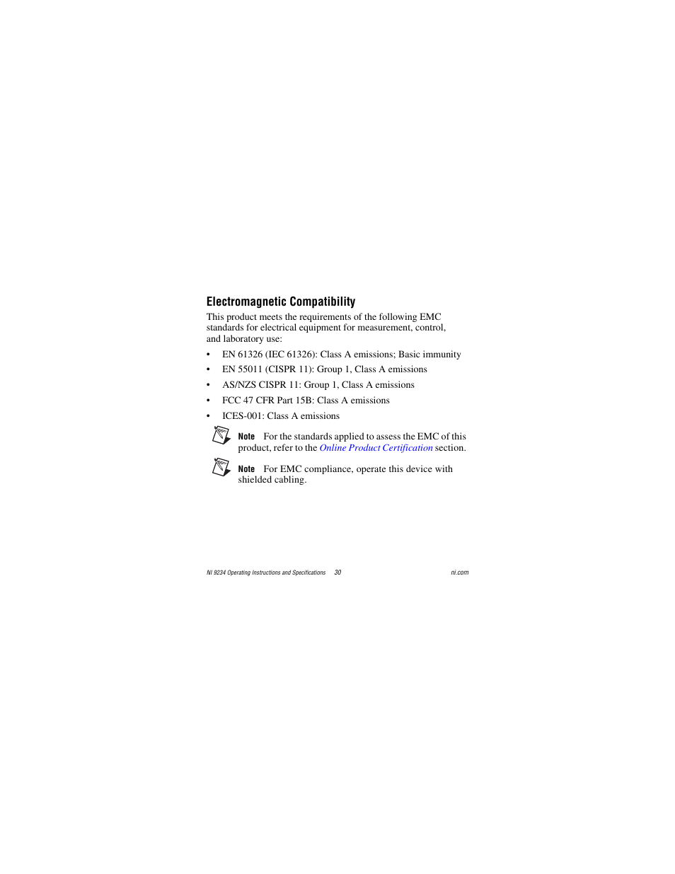 Electromagnetic compatibility | National Instruments NI 9234 User Manual | Page 30 / 36