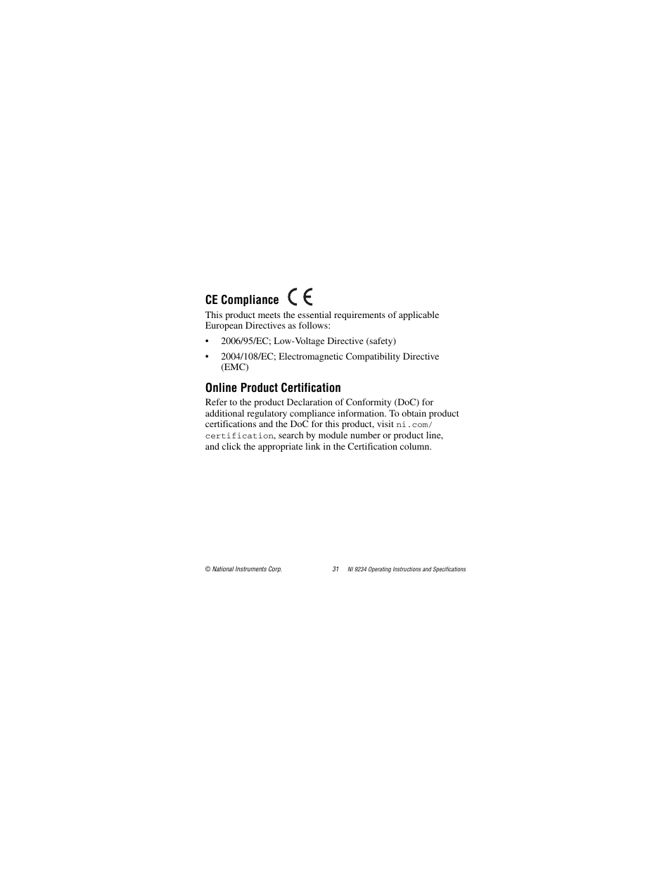 Ce compliance, Online product certification | National Instruments NI 9234 User Manual | Page 31 / 36