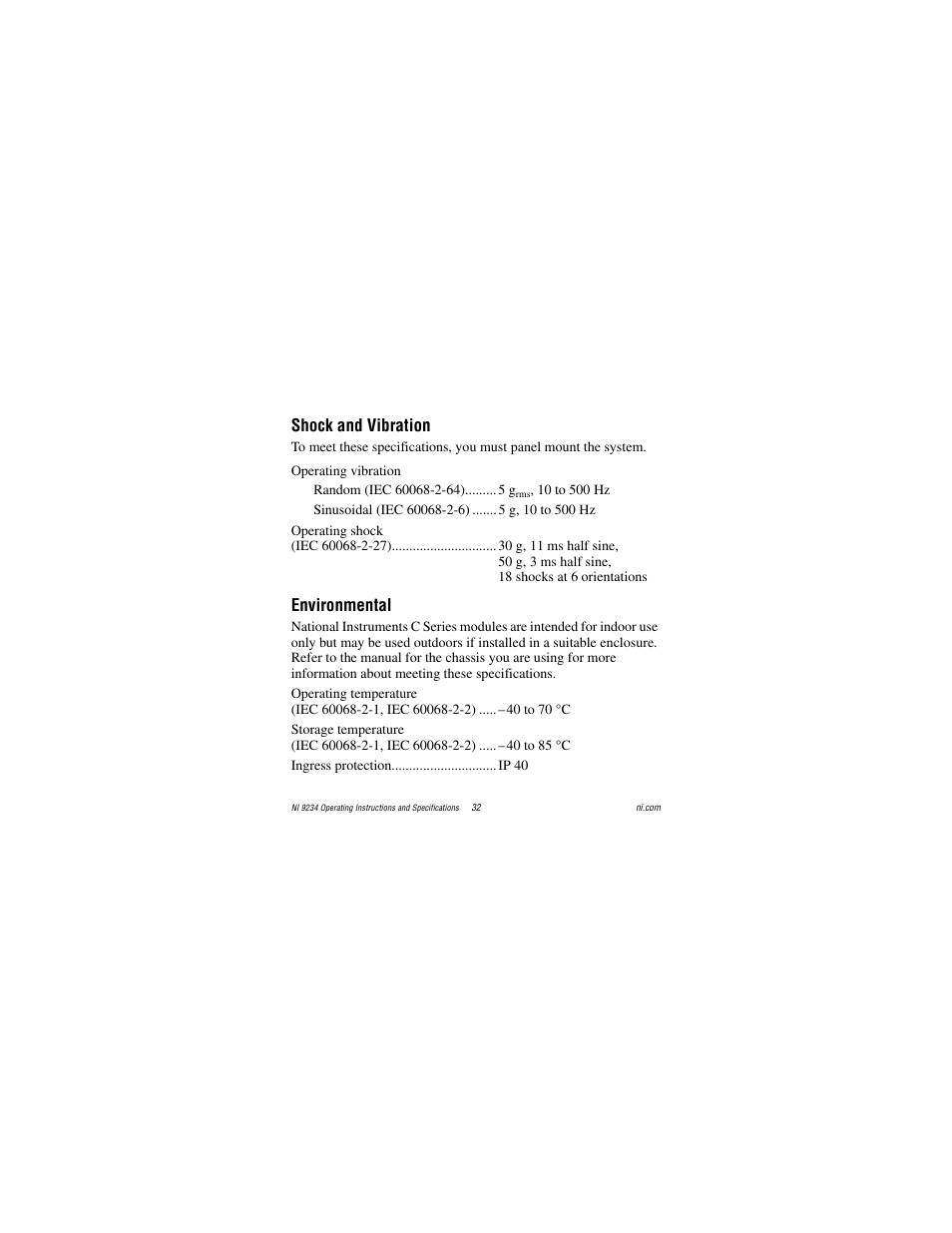 Shock and vibration, Environmental | National Instruments NI 9234 User Manual | Page 32 / 36