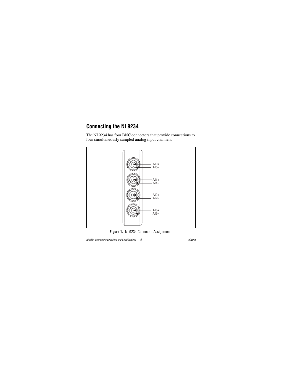 Connecting the ni 9234, Figure 1. ni 9234 connector assignments | National Instruments NI 9234 User Manual | Page 6 / 36