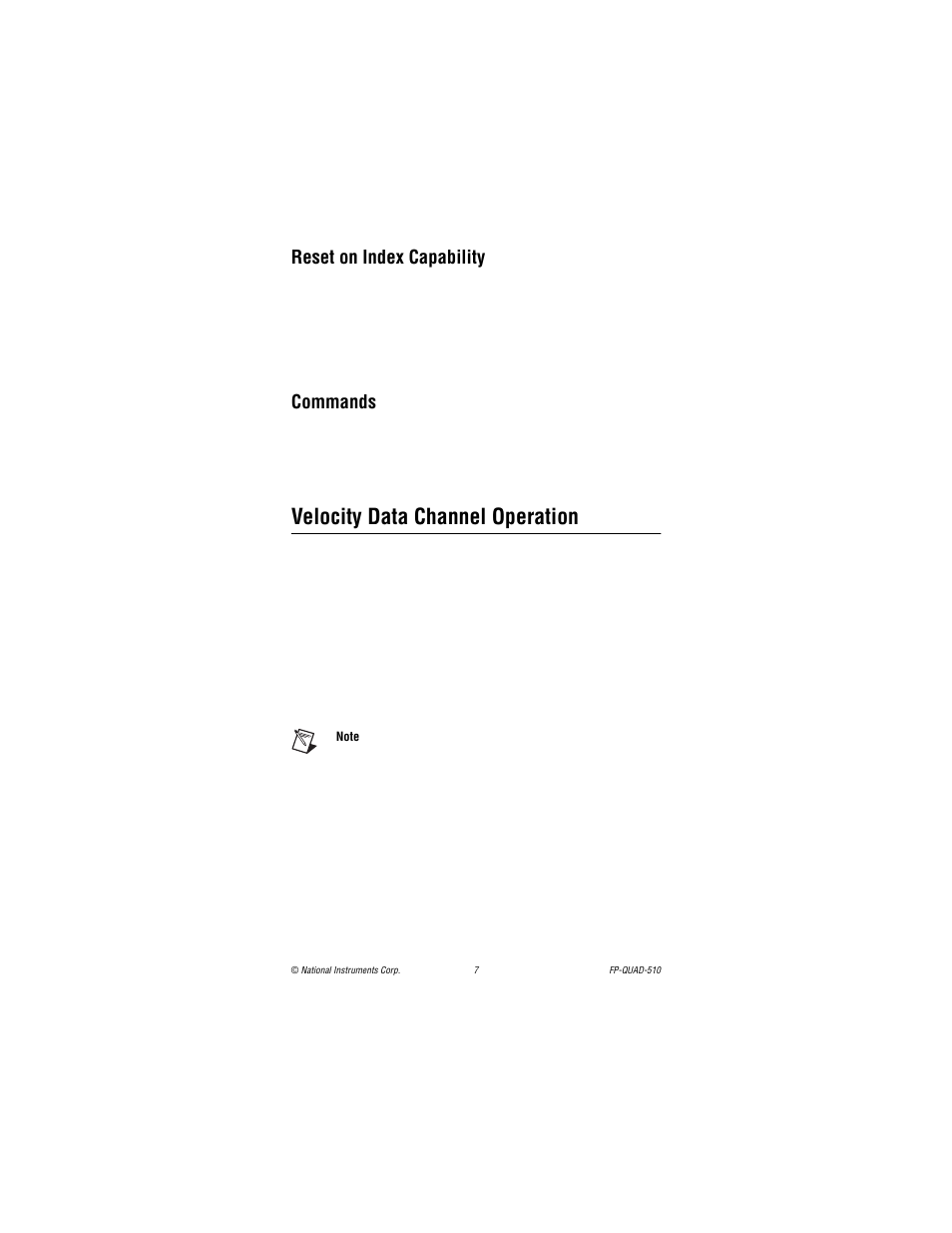 Reset on index capability, Commands, Velocity data channel operation | National Instruments Quadrature Input Module FP-QUAD-510 User Manual | Page 7 / 12