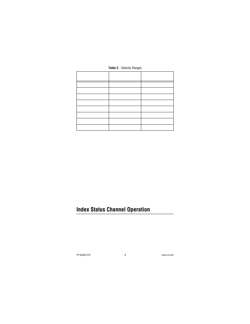 Table 2. velocity ranges, Index status channel operation | National Instruments Quadrature Input Module FP-QUAD-510 User Manual | Page 8 / 12