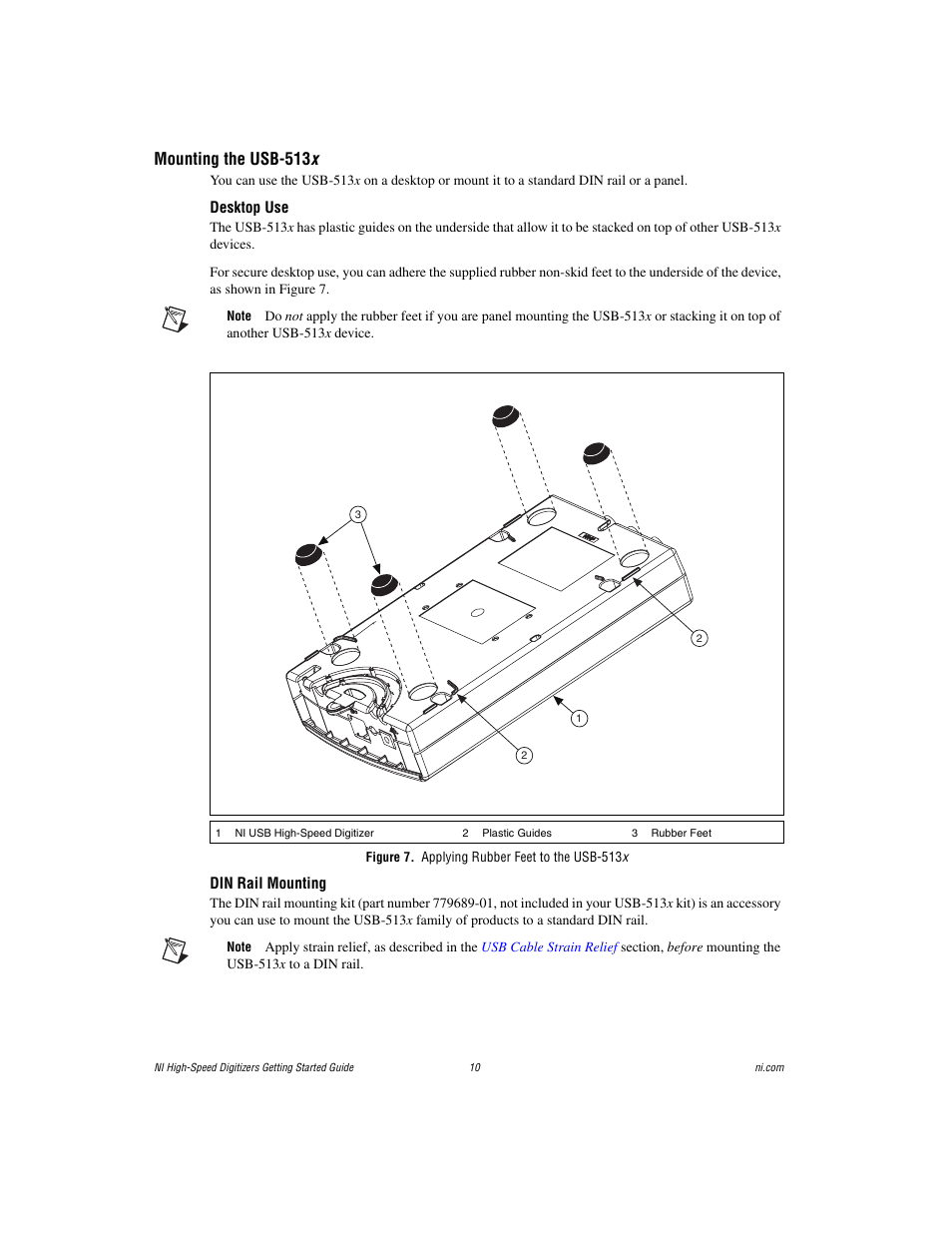 Mounting the usb-513x, Desktop use, Figure 7. applying rubber feet to the usb-513x | Din rail mounting, Mounting the usb-513 x, Desktop use din rail mounting | National Instruments NI 5102 User Manual | Page 10 / 68