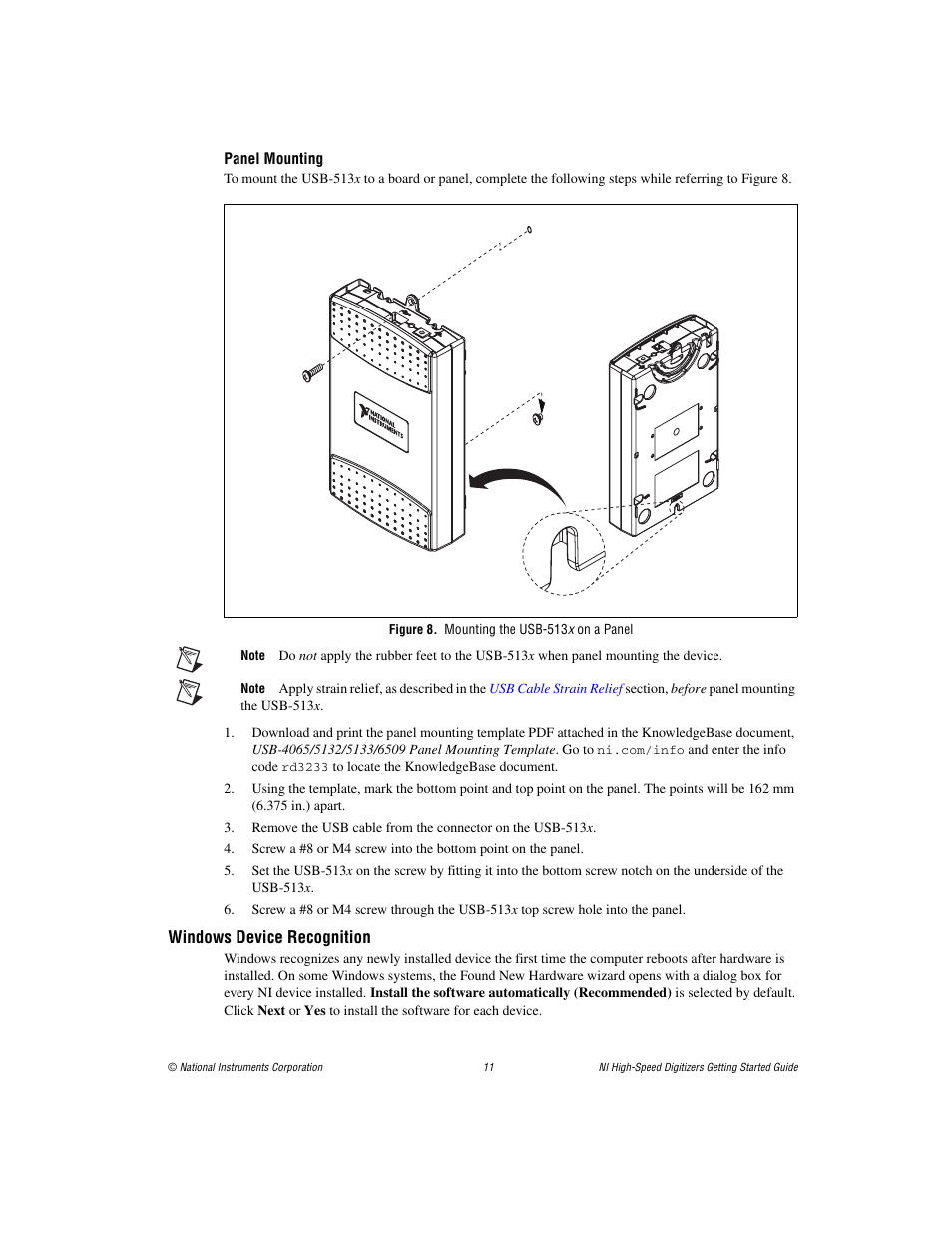 Panel mounting, Figure 8. mounting the usb-513x on a panel, Windows device recognition | National Instruments NI 5102 User Manual | Page 11 / 68