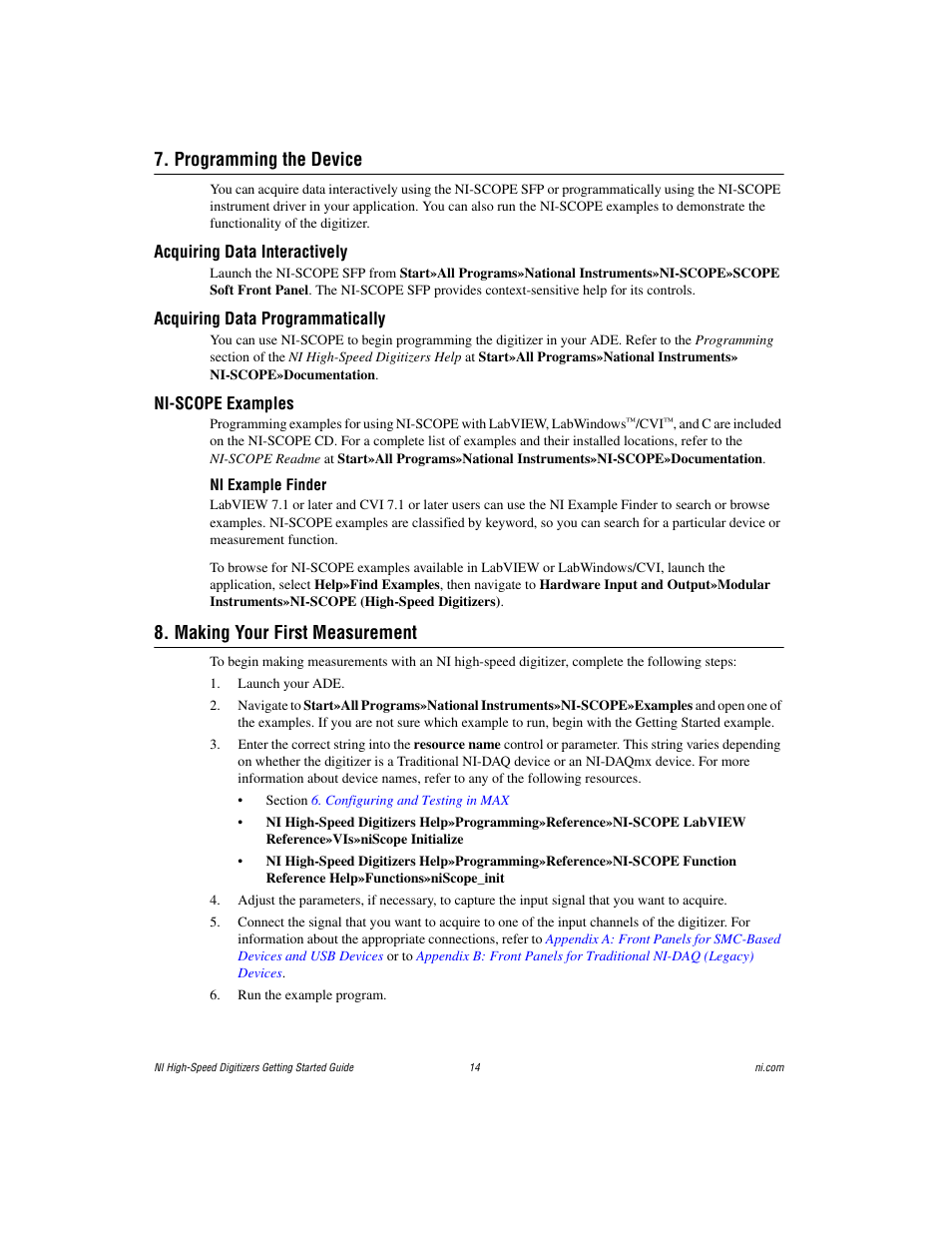 Programming the device, Acquiring data interactively, Acquiring data programmatically | Ni-scope examples, Ni example finder, Making your first measurement | National Instruments NI 5102 User Manual | Page 14 / 68