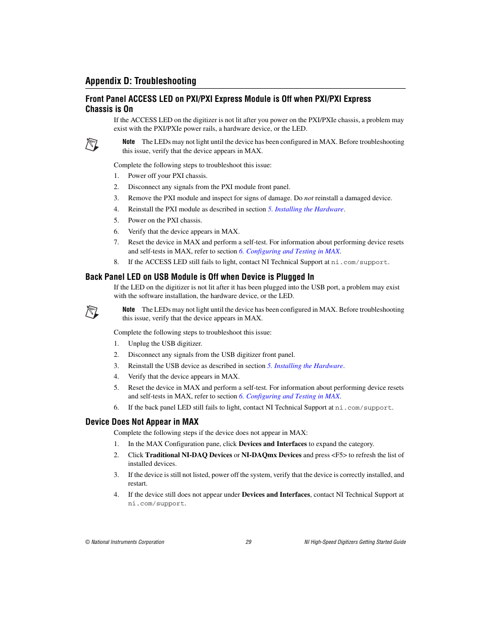 Appendix d: troubleshooting, Device does not appear in max, Chassis is on | National Instruments NI 5102 User Manual | Page 29 / 68