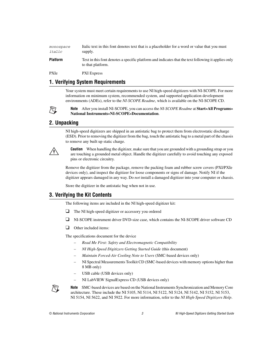 Verifying system requirements, Unpacking, Verifying the kit contents | National Instruments NI 5102 User Manual | Page 3 / 68