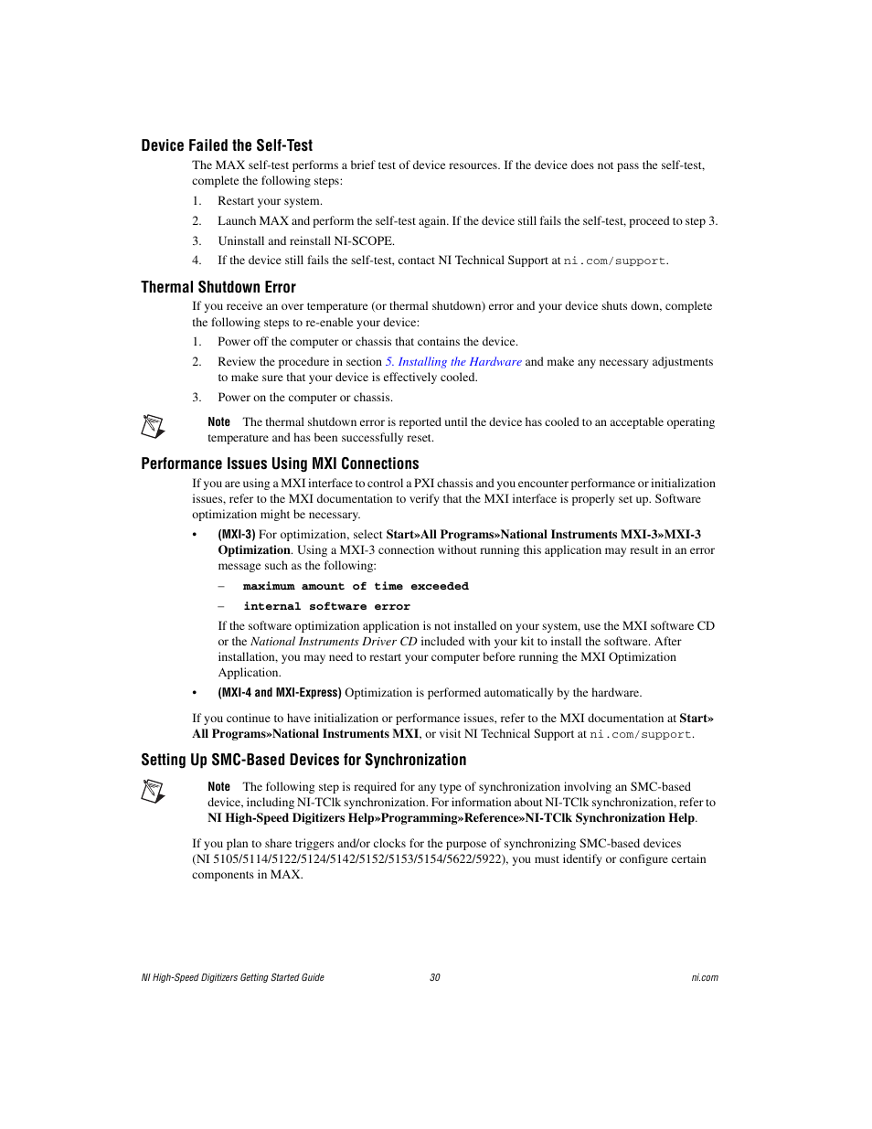 Device failed the self-test, Thermal shutdown error, Performance issues using mxi connections | Setting up smc-based devices for synchronization | National Instruments NI 5102 User Manual | Page 30 / 68